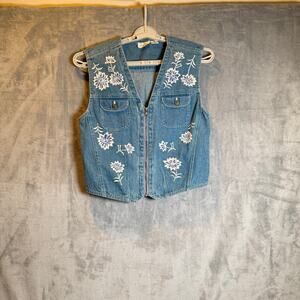 Spell Bound Denim Vest Womens Medium Embroidered Floral Zip Front Vintage Style